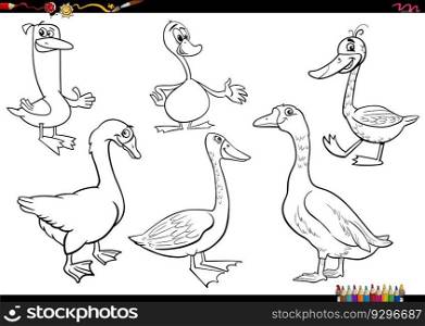 Black and white cartoon illustration of geese farm animal characters set coloring page