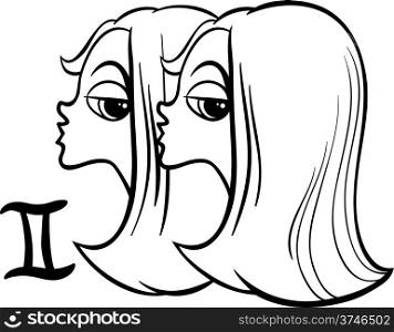Black and White Cartoon Illustration of Gemini or The Twins Horoscope Zodiac Sign for Coloring Book