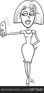 Black and White Cartoon Illustration of Girl in Red Dress Doing Selfie Photo by Smart Phone for Social Media for Coloring Book