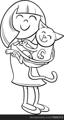 Black and White Cartoon Illustration of Girl with Kitten Pet for Coloring Book