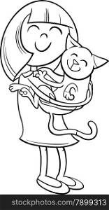 Black and White Cartoon Illustration of Girl with Kitten Pet for Coloring Book