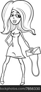 Black and White Cartoon Illustration of Gorgeous Beautiful Sexy Woman in Red Mini Dress for Coloring Book