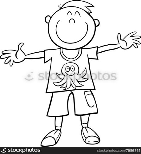 Black and White Cartoon Illustration of Happy Boy Character for Coloring Book