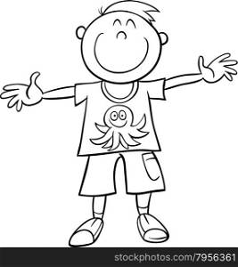 Black and White Cartoon Illustration of Happy Boy Character for Coloring Book