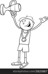 Black and White Cartoon Illustration of Happy Boy Winner with Medal and Cup for Coloring Book
