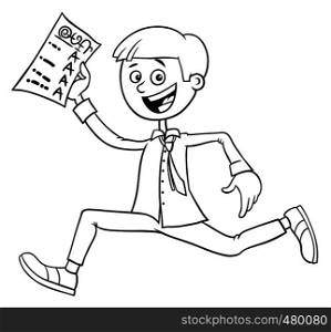 Black and White Cartoon Illustration of Happy Boy with School Certificate or Grade Report Coloring Book