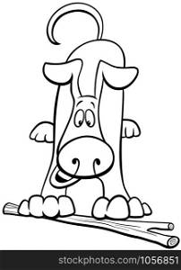 Black and White Cartoon Illustration of Happy Brown Dog Comic Animal Character Playing with Stick Coloring Book Page