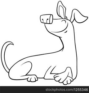 Black and White Cartoon Illustration of Happy Brown Lying Dog Comic Animal Character Coloring Book Page
