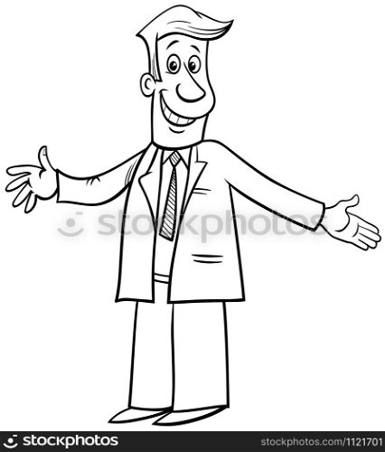 Black and White Cartoon Illustration of Happy Businessman or Man Character with Open Arms