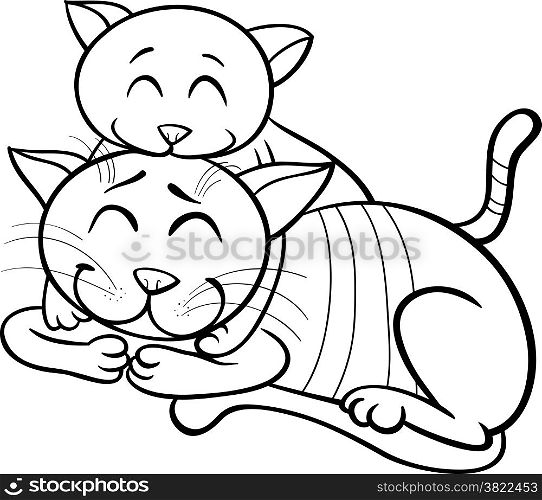 Black and White Cartoon Illustration of Happy Cat Mother with Little Kitten for Coloring Book