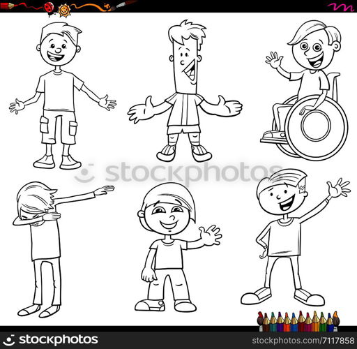 Black and White Cartoon Illustration of Happy Children and Teenager Comic Characters Set Coloring Book