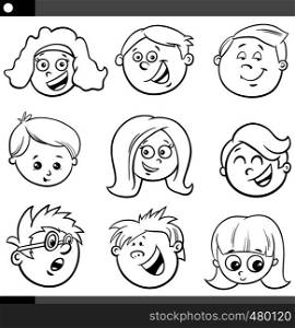 Black and White Cartoon Illustration of Happy Children or Teens Characters Faces Set