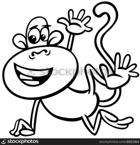 Black and White Cartoon Illustration of Happy Comic Monkey Primate Animal Character Coloring Book