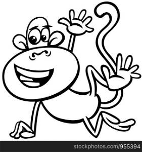 Black and White Cartoon Illustration of Happy Comic Monkey Primate Animal Character Coloring Book