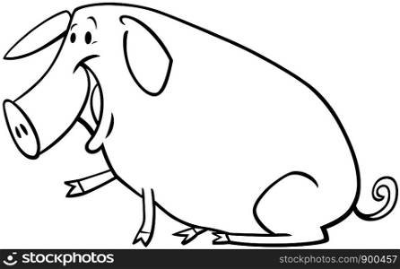Black and White Cartoon Illustration of Happy Comic Pig Farm Animal Character Coloring Book