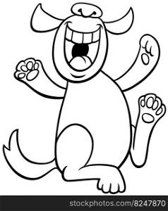 Black and white cartoon illustration of happy dog animal character coloring page
