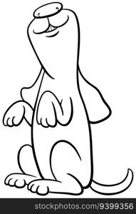 Black and white cartoon illustration of happy dog comic animal character doing standing or begging trick coloring page