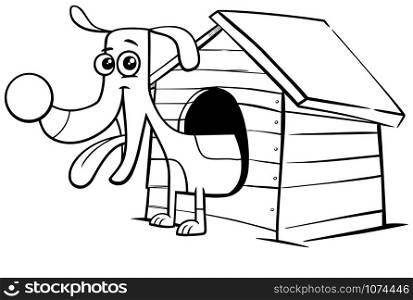 Black and White Cartoon Illustration of Happy Dog Comic Animal Character in his Doghouse Coloring Book Page