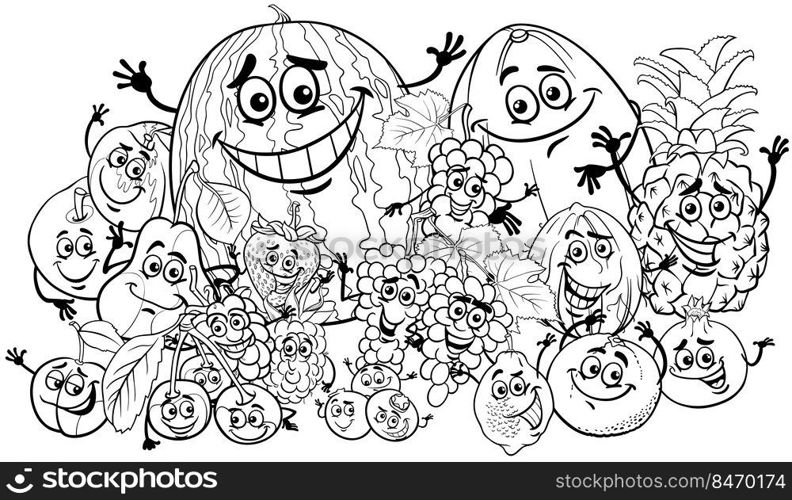 Black and white cartoon illustration of happy fruit comic characters group coloring page