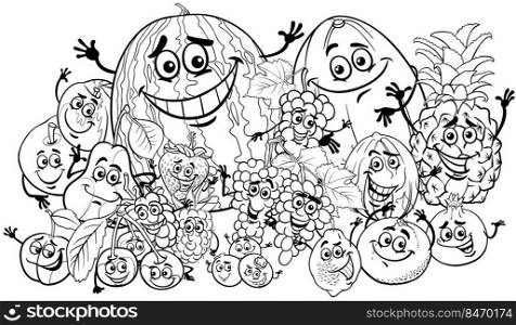 Black and white cartoon illustration of happy fruit comic characters group coloring page