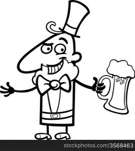 Black and White Cartoon Illustration of Happy Leprechaun with Mug of Beer on St Patrick Day Holiday for Coloring Book