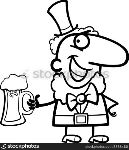 Black and White Cartoon Illustration of Happy Leprechaun with Pint of Beer on St Patricks Day Holiday for Coloring Book