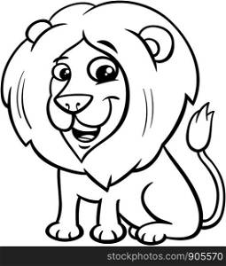 Black and White Cartoon Illustration of Happy Lion Wild Cat Animal Character Coloring Book