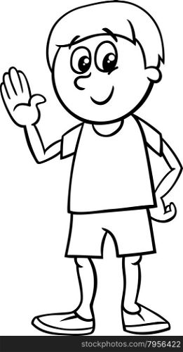 Black and White Cartoon Illustration of Happy Little Boy Character for Coloring Book