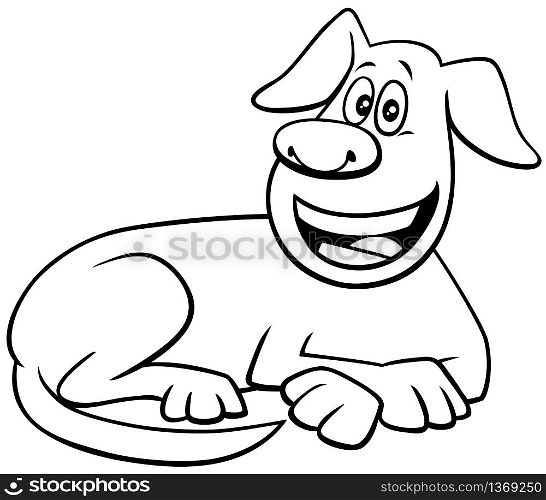 Black and White Cartoon Illustration of Happy Lying Dog Comic Animal Character Coloring Book Page