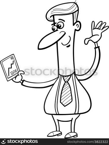 Black and White Cartoon Illustration of Happy Man or Businessman looking at Graph on his Phone or Tablet
