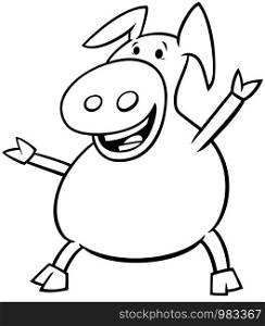 Black and White Cartoon Illustration of Happy Pig or Piglet Farm Animal Character Coloring Book Page