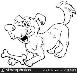 Black and White Cartoon Illustration of Happy Playful Dog Comic Animal Character with Bone Coloring Book Page