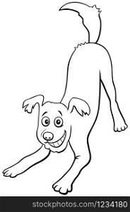 Black and White Cartoon Illustration of Happy Playful Dog Comic Animal Character Coloring Book Page