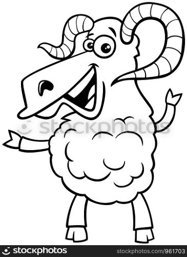 Black and White Cartoon Illustration of Happy Ram Farm Animal Character Coloring Book Page