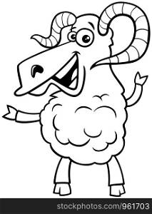 Black and White Cartoon Illustration of Happy Ram Farm Animal Character Coloring Book Page