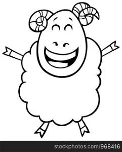 Black and White Cartoon Illustration of Happy Ram Farm Comic Animal Character Coloring Book Page