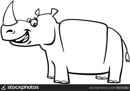 Black and White Cartoon Illustration of Happy Rhinoceros Wild Animal Character Coloring Page