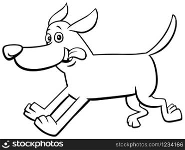 Black and White Cartoon Illustration of Happy Running Dog Comic Animal Character Coloring Book Page