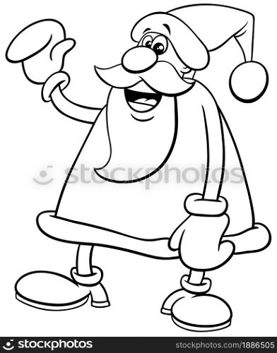Black and white cartoon illustration of happy Santa Claus character on Christmas time coloring book page