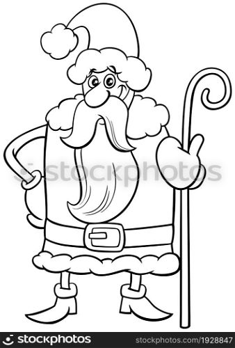 Black and white cartoon illustration of happy Santa Claus character with cane on Christmas time coloring book page