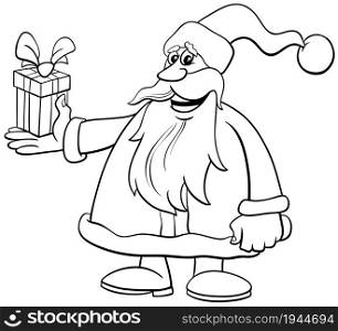 Black and white cartoon illustration of happy Santa Claus character with gift on Christmas time coloring book page