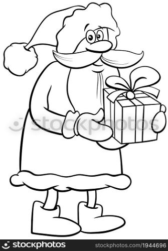 Black and white cartoon illustration of happy Santa Claus character with present on Christmas time coloring book page