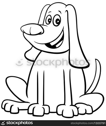 Black and White Cartoon Illustration of Happy Sitting Dog Comic Animal Character Coloring Book Page