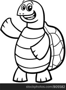 Black and White Cartoon Illustration of Happy Tortoise Comic Animal Character Coloring Book