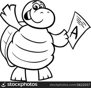 Black and White Cartoon Illustration of Happy Turtle Animal Character with A mark on a Test for Coloring Book