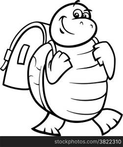 Black and White Cartoon Illustration of Happy Turtle Animal Character with Satchel or School Bag for Coloring Book