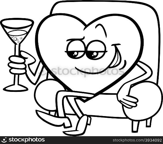 Black and White Cartoon Illustration of Heart Character with Glass of Champagne on Valentine Day