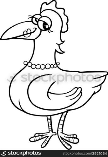 Black and White Cartoon Illustration of Hen Farm Bird Animal Character for Coloring Book