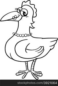 Black and White Cartoon Illustration of Hen Farm Bird Animal Character for Coloring Book