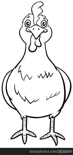 Black and white cartoon illustration of hen or female chicken bird farm animal character coloring book page
